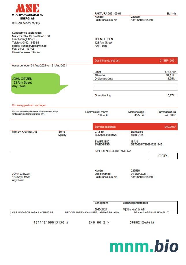 Szwecja Mjölby Kraftnat AB rachunek za media szablon w .doc i .format pdf